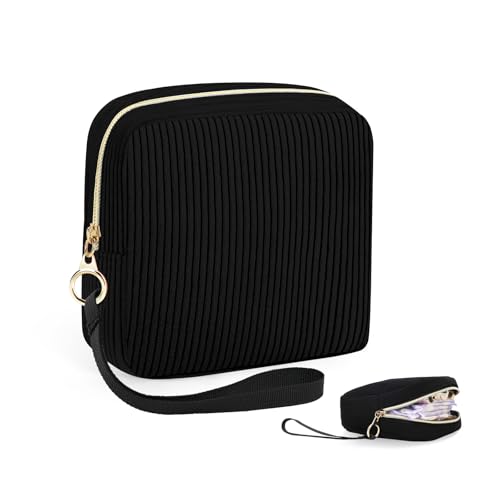 Image of Corduroy Period Pouch Small Discreet Period Bag Sanitary Napkin Storage Bag Cute Menstrual Pad Pouch Tampon Bag for Purse Portable Wristlet Makeup Bags for Women Ladies Black