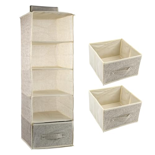 5 Niveles Estantes de Almacenamiento Colgantes 25x25x90cm, Organizador de Armario Colgante, 5 Compartimentos, Plegable Estantería Colgante de Tela con 2 Cajones Extraíbles (Beige)