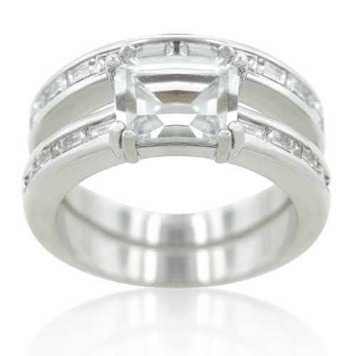 Kate Bissett Rhodium Plated Wedding Set With An Emerald Cut Clear Cz Center Stone And Baguette Cut Clear Cz Size 6 #TOP2