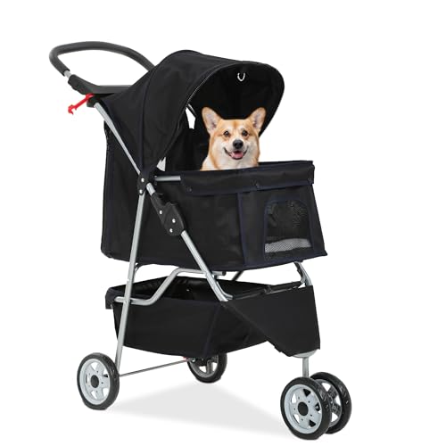 FDW Pet Stroller 3-Wheel Durable Foldable Cat Dog Stroller with Washable Liner Storage Basket Cup Holder,Dark Black