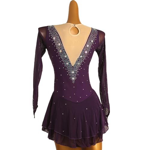 Vestido de patinação no gelo roxo Halo tingindo elastano feito à mão cristais manga comprida figura