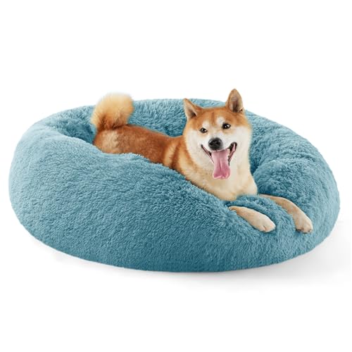 Bedsure Calming Dog Bed for Medium Dogs - Donut Washable Medium Pet Bed, 30 inches Anti-Slip Round Fluffy Plush Faux Fur Cat Bed, Fits up to 45 lbs Pets, Washed Blue