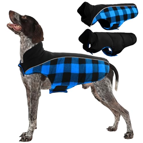 Kuoser Dog Winter Coat, Reversible Waterproof Dog Jacket with Reflective Strip, Warm Dogs Fleece Vest Adjustable Doggy Cold Weather Clothes Plaid Christmas Outfit Pet Apparel for Medium Dogs