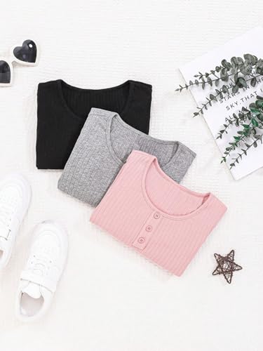 Image of OYOANGLE Girl's 3 Packs Button Front Crew Neck Long Sleeve T-Shirt Ribbed Knit Basic Tee Tops