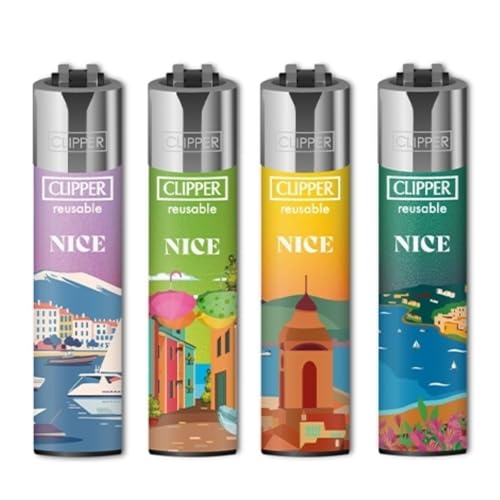 Briquets Métalliques Clipper Collection Nice, Rechargeables, Designs Colorés Côte d'Azur, Lot de 4, Finition Métallisée