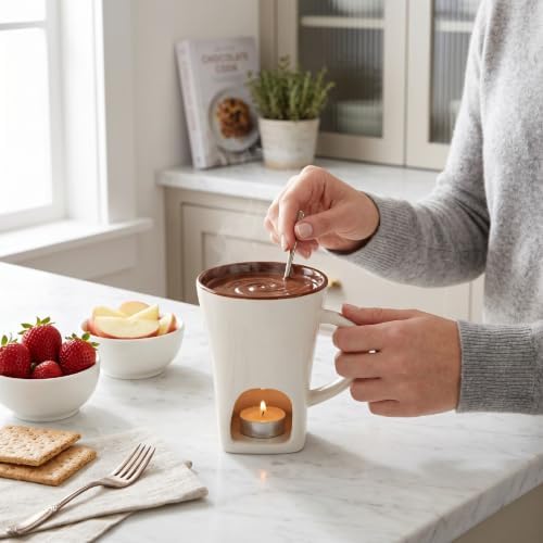 RIZGHWOY Fondue Mug, 130ml Ceramic Chocolate Melter, with Fork for Date Birthday White — view 4