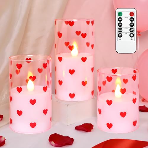 Image of Love Flameless Candles with Remote Timer, Glass Battery Operated Candles, Pink Spray-Painted Heart LED Candles for Home Party Wedding Valentine's Day Decor Set of 3