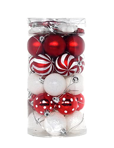 Lot de 35 boules de Noël en plastique de 5 cm - Décoration de sapin de Noël pour fête, décoration de la maison - Thème : rouge, vert, blanc (rouge/blanc) Cover