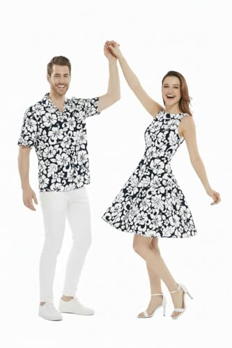 Image of Couple Matching Hawaiian Luau Men Shirt and Women Vintage Fit and Flare Dress in Classic Vintage Hibiscus
