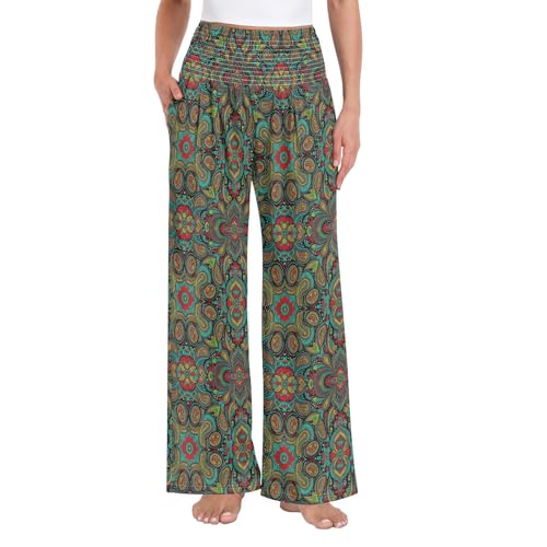 Pantalon palazzo large femme taille haute imprimé floral cachemire fluide
