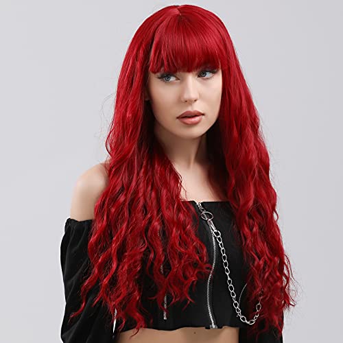 ZURO Red Long Deep Wave Wig With Bangs Curly Hair Wigs for Women Hot Pink Dark Brown Black Blonde Ombre Synthetic Long Wavy Cosplay Colorful Wigs for Girls Soft Cute Costume Wigs (red)