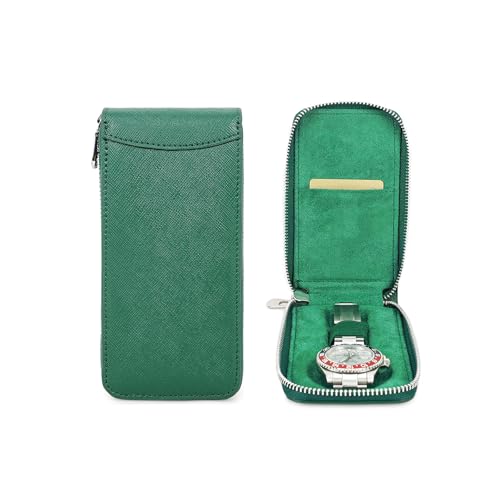 Hiram Étui de Voyage pour Montre 1 Boîte de Rangement pour Montres Cuir Saffiano Organisateur de Montre Portable à Fermeture Éclair (Vert)