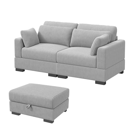 Cheslong Wohnzimmersofa, 2-Sitzer, modulares Wohnzimmersofa mit breiten Armlehnen, Sofa, verschiebbare Sitze, Sessel mit Aufbewahrungshocker, Cord, Kissen und Hocker im Lieferumfang enthalten (grau, 2 Cheslong Wohnzimmersofa, 2-Sitzer, modulares Wohnzimmersofa mit breiten Armlehnen, Sofa, verschiebbare Sitze, Sessel mit Aufbewahrungshocker, Cord, Kissen und Hocker im Lieferumfang enthalten (grau, 2