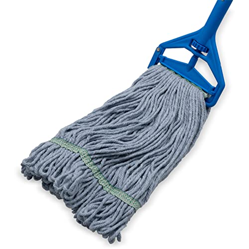 Image of SPARTA Flo-Pac Acrylic Mop Head, Loop-Ended, Narrow Band with 1 inch Green Band for Organized Cleaning, Medium, Blue, (Pack of 12)