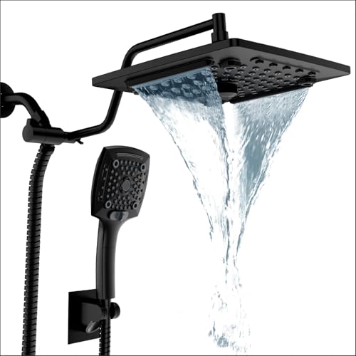 Image of ELLO&ALLO Rain Shower Head with Handheld Spray, Rainfall Shower Head Combo with 60 inch Hose, Dual Showerhead Set with Adjustable Shower Extension Arm, Matte Black