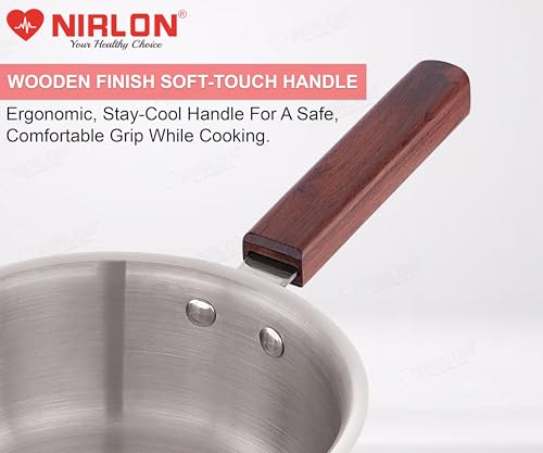 Image of NIRLON Woody Triply Wooden Handle Stainless Steel Cookware Sauce Pan 16cm-1.6Ltr|Safe to Use|Uniform Heating|Metal Spatula Friendly(Induction and Gas Stove Friendly)
