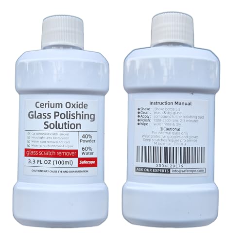 3.3 fl oz (100 ml) Cerium Oxide Glass Polishing Solution - Shake vigorously before use. Apply with a hard sponge or polishing machine using moderate pressure and slow strokes for at least 5 minutes.