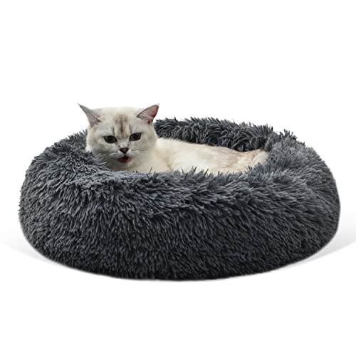 Gavenia Cat Beds For Indoor Cats -20’’X20’’Washable Donut Cat And Dog Bed,Soft Plush Pet Cushion,Waterproof Bottom,Fluffy Dog And Cat Calming And Self Warming Bed For And Sleep Improvement,Dark Grey #TOP7