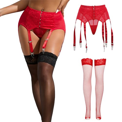 Image of ohyeah Plus Size High Waist Garter Belt Set Lace Mesh Suspender Belt with 6 Vintage Metal Clip for Stockings