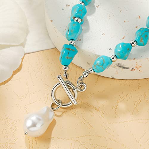 Hmooy Turquoise Necklace, Boho Long Turquoise Beaded Necklace Vintage Ethnic Bohemian Turquoise Pendant Necklace Statement Western Turquoise Jewelry For Women Girls (Pearl) #TOP2