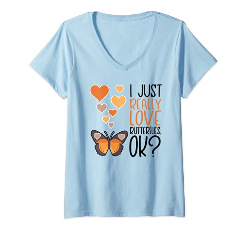 Mujer Cute Butterfly Hearts - I Really Love Butterflies OK Camiseta Cuello V