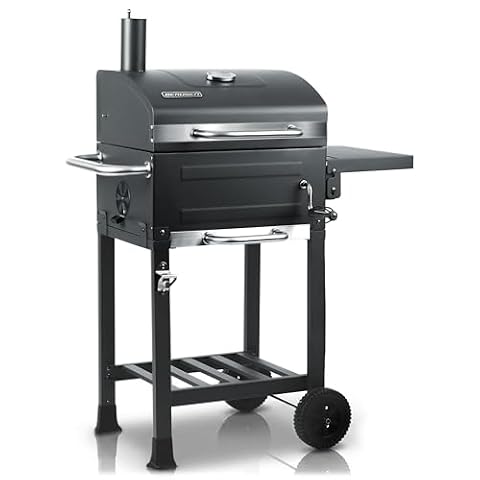 Berdsen Grill Węglowy Ogrodowy BBQChef z Kominem i Żeliwnym Rusztem 40 x 31,5 cm - Regulowane Palenisko, Termometr, Popielnik, Półka - Przenośny na Kołach - Antracytowy