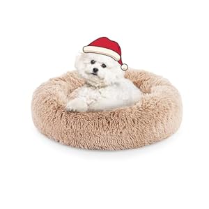FluffyDream 24 Inch Donut Bed for Dogs, Calming, Brown, Washable, Plush Fur Dog Cuddle Bed