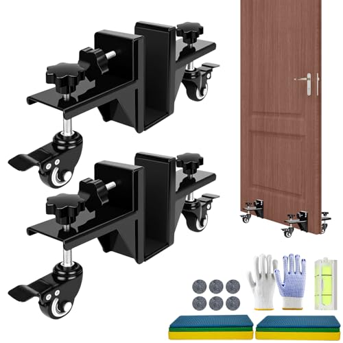 Door Lifter Tool Kit with 2 Heavy Duty Door Installation Jacks Shim Pads Spirit Level Felt Protectors & Gloves Hands Free Door Hanger for Pre-Hung & Interior Doors 150kg Max Load