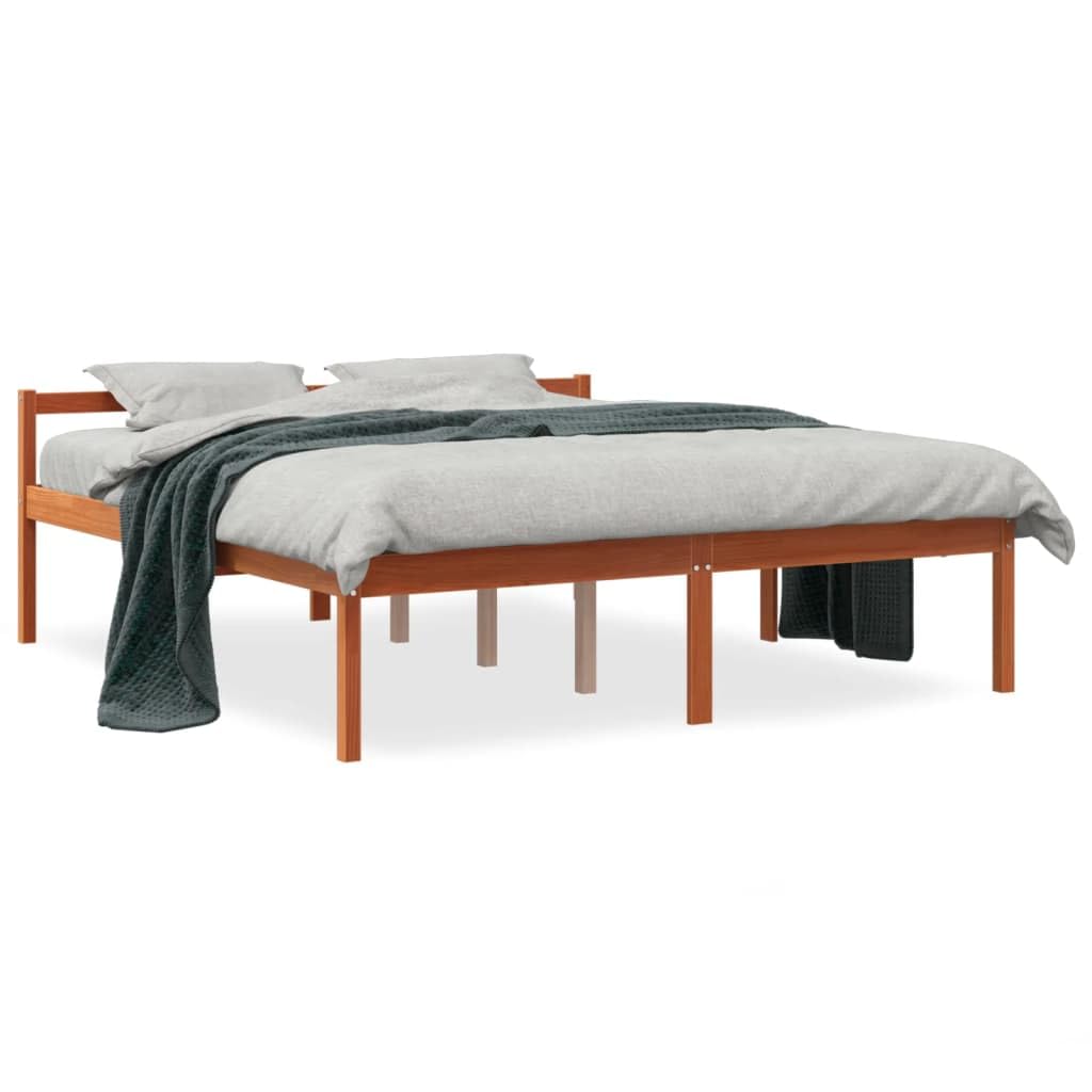 Massiv Kiefernholz Seniorengerecht 44cm Stauraum Bett 150x200cm Braun | Seniorenbett Wachsbraun 150x200 cm Massivholz Kiefer mit Kopfteil und Stauraum, hohes Pflegebett für Senioren, komfortables