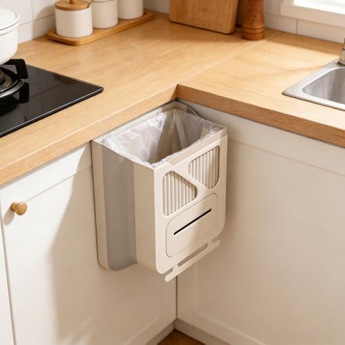 Caneca de basura plegable para puerta de gabinete, beige
