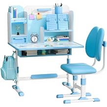 Kids Functional Desk and Chair Set, Student Desk Height Adjustable, Children School Study Table, Ergonomic Desk Chair with Large Writing Board, Bookshelf Pink, Blue 941 Blue