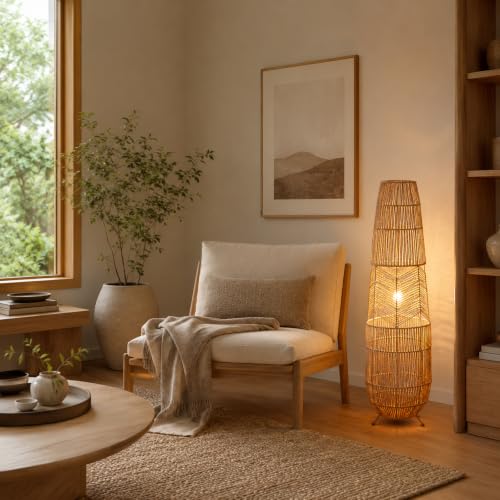 Image of Hand Woven Rattan Floor Lamp,Boho Standing Lamps for Living Room | Handcrafted Wicker Shade,No Assembly Required,Unique Shadow Effects,Foot Switch Control,36 Inch Tall,3 Color Temperature