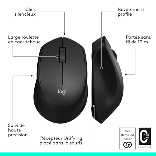 Logitech M330 Silent Plus Souris Sans Fil, Récepteur Nano USB 2,4GHz, Résolution Capteur Optique 1000 ppp, Pile Durée 2 ans, Compatible PC, Mac, Ordinateur Portable, Chromebook - Noir
