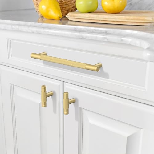 Amerdeco 10 Pack Brushed Gold Knurled Cabinet Pulls 254mm Hole Center Cabinet Hardware Kitchen Cabinet Handles for Bathroom Drawer Pulls Dresser Pulls AM003 - Image 6