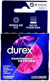 Condoms, Ultra Fine, Ribbed, Dotted with Delay Lubricant, Durex Performax Intense Natural Rubber Latex Condoms, 3 Count, Contains Desensitizing Lube for Men, FSA & HSA Eligible