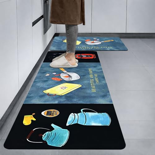Image of Luxe Home Kitchen Mat Combo Beautiful and Happy Design Standing Desk Floor Mat Non Slip Kitchen Rugs, Comfort Runner Floor for Home Office, Sink & Laundry - Blue (116x36 & 58x36 cm PC-2)