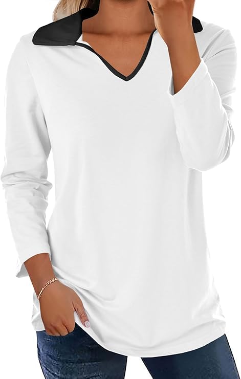 Fisoew Camicette da donna polo magliette autunno colletto maniche a 3/4 top blocco colore lavoro casual camicette