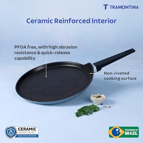 Image of TRAMONTINA Aura Dosa Tawa 28cm | Reinforced Ceramic Non-Stick Cookware | Quick & Even Heating | Low-Oil Cooking | Bakelite Handle | Induction & Gas Compatible | Blueberry