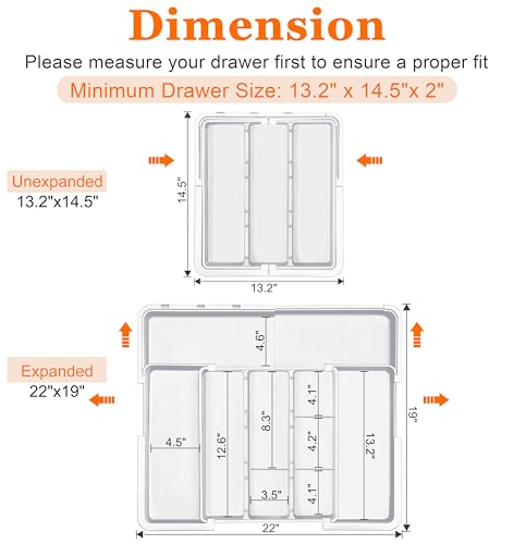 Large Utensil Drawer Organizer Expandable Silverware Organizer for Kitchen Drawer Adjustable Cooking Utensil Holder Cutlery Flatware Tray Spatula Tools Gadgets Storage Dividers Plastic White