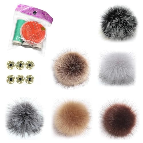 HECHKJ 6 Stück Set Mützen Pompons abnehmbare Fellpompons mit Druckknopf 6 Farben inkl. Nähset für Mützen Schals und Strickaccessoires