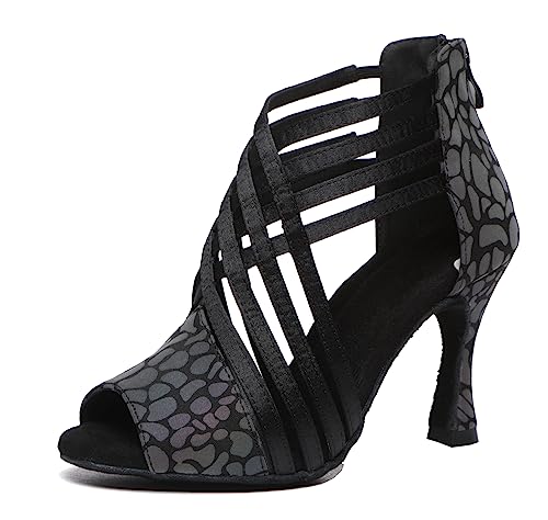 Minishion Women Ballroom Dancing Shoes Peep Toe Evening Party Ankle Sandal Booties L569 Leopard 9cm Heel US 8