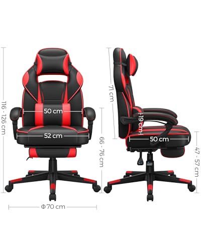 Sedia da Ufficio, Poltrona Racing Ergonomica, Poggiapiedi Telescopico, Schienale Inclinabile, Poggiatesta e Supporto Lombare, Portante di 150 kg, Nero Inchiostro e Rosso Fragola OBG73BRV1 - Sedia gaming - Immagine 2