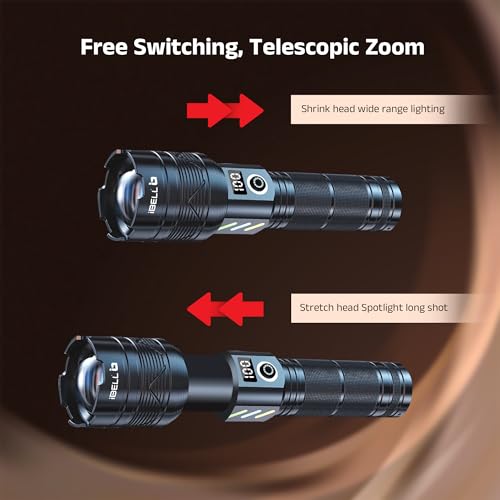 Image of IBELL FL8498S Torch, High Power Rechargeable LED Torch Light, Long Range Flashlight with LCD Power Display & Zoom Focus, Heavy-Duty Build for Outdoor & Emergency Use (Black)