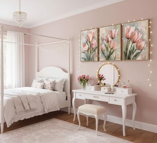 Image of 3 Pcs Vintage Pink Tulips Flowers Canvas Wall Art Retro Spring Pink and Green Floral Botanical Paintings Pictures Wall Decor Poster Print Artwork for Living Room Bedroom Home Decoration Unframed