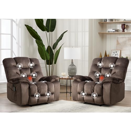 Image of HAOMARKETS Power Recliner Chair Set of 2 with Massage and Heat, 41 inch Wide Electric Reclining Chairs with USB Port, Breathable Fabric Overstuffed Reclining Sofa for Living Room, Brown