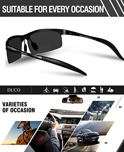 DUCO Męskie okulary sportowe, polaryzacyjne, okulary przeciwsłoneczne, ultra lekkie oprawki ze stopu aluminium i magnezu, ochrona UV400, męskie okulary przeciwsłoneczne 8177S, czarny, szary