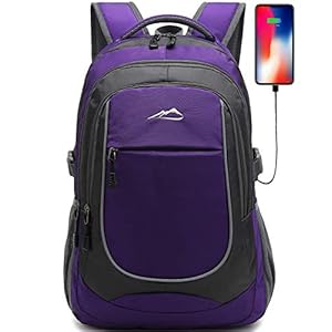 Backpack for College Sturdy Bookbag Travel Business with USB Charging Port Laptop compartment Chest Straps Anti Theft Night Light Reflective (Purple)