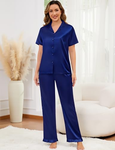Image of SWOMOG Women Satin Pajamas Set Short Sleeve Top & Pants Sleepwear Silky Button Down Nightwear 2pcs Loungewear Pjs Set