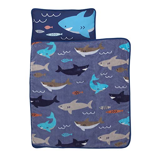 Image of Everything Kids Blue and Grey Shark Toddler Nap Mat with Pillow and Blanket