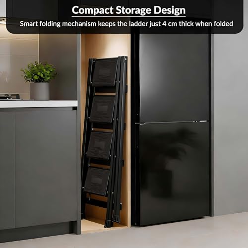 Image of Plantex 4 Step Ladder for Home Use /Wide Anti-Slip Heavy-Duty Step Stool /Lightweight Kitchen Ladder 4 Step (Black)